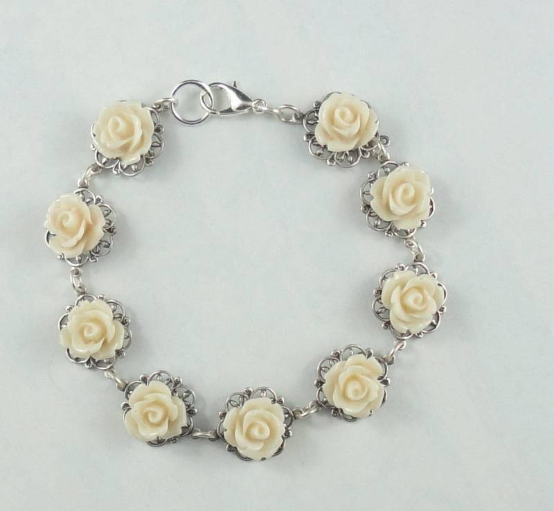 Blush Rose Armband Silber Filligran, Shabby Chic Brautschmuck von crushjewels