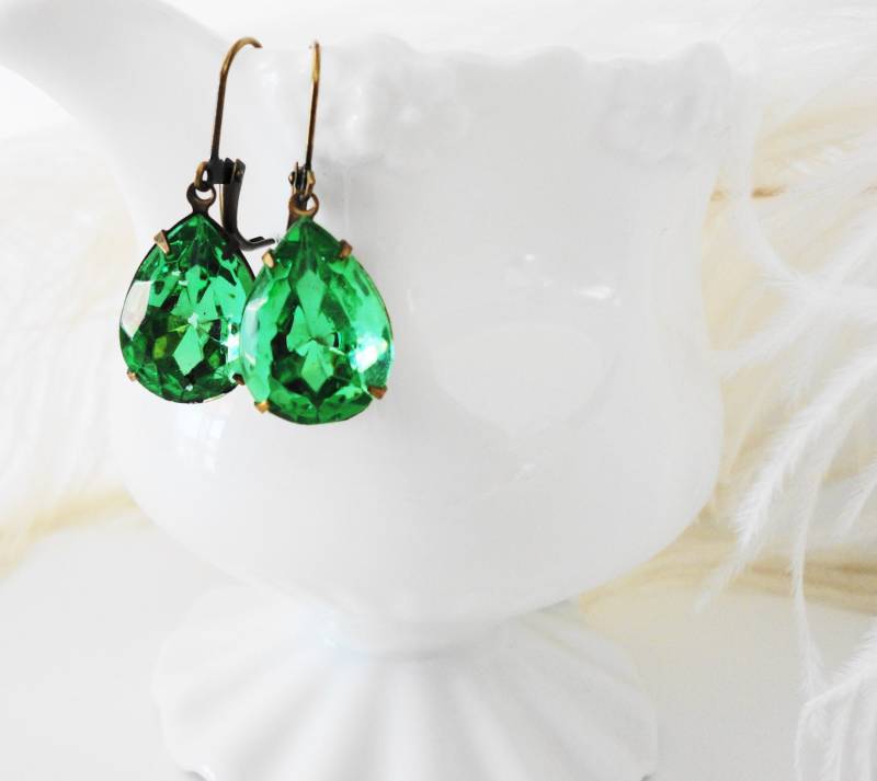 Vintage Peridot Grün Kristall Ohrringe Art Deco Brautschmuck von crushjewels