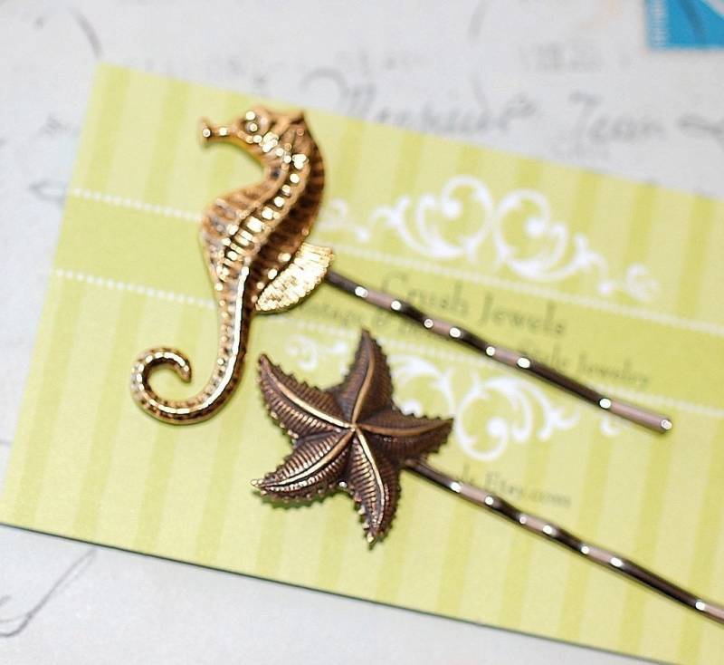 Haarspangen Seepferdchen Seestern Messing Gold Bronze Braut Hochzeit Strand Alt Hollywood Shabby Chic Girly Girl Feminin Romantisch von crushjewels