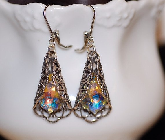 Vintage Swarovski Kristallohrringe Silber Filigran Ab Brautschmuck von crushjewels