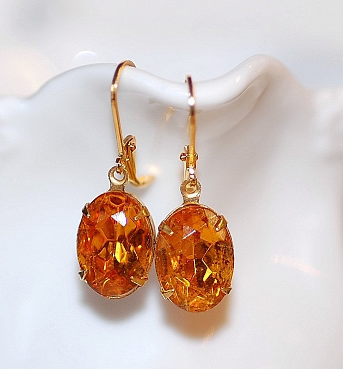 Vintage Topas Kristall Ohrringe Bernstein Oval Objekte Alt Hollywood Brautschmuck Gold von crushjewels