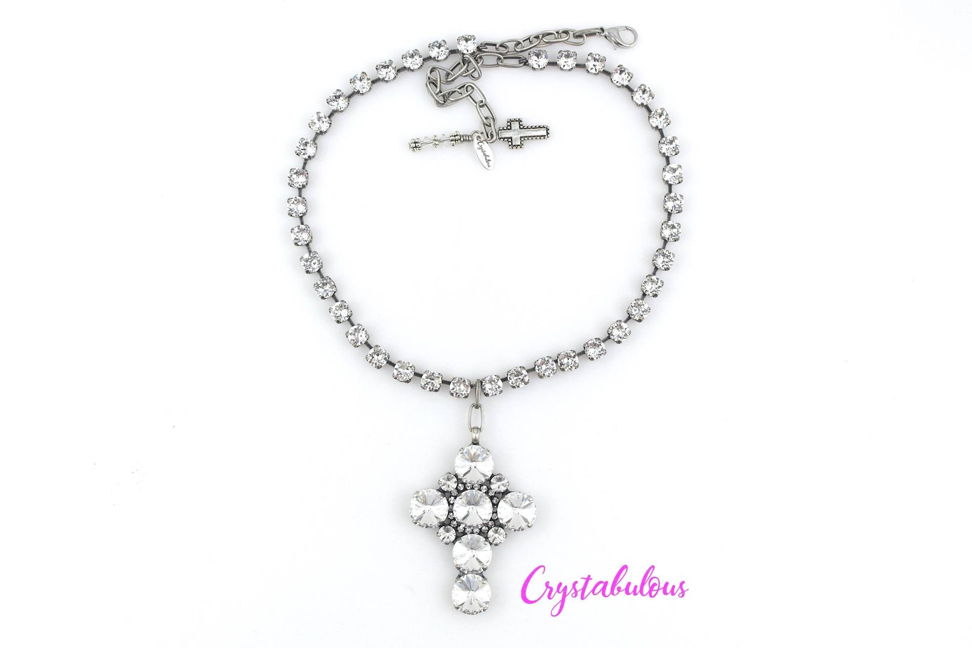 Crystal Cross Halskette Rosenkranz Anhänger, Antikes Silber Finish von crystabulous