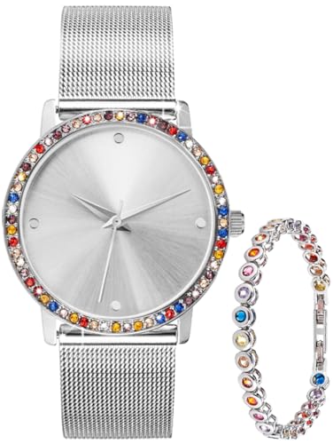 Crystal Blue Damen Armbanduhr Geschenk Set Silber Edelstahl Milanaise Mesh Armband Color mit Tennisarmband 22298 von Crystal Blue