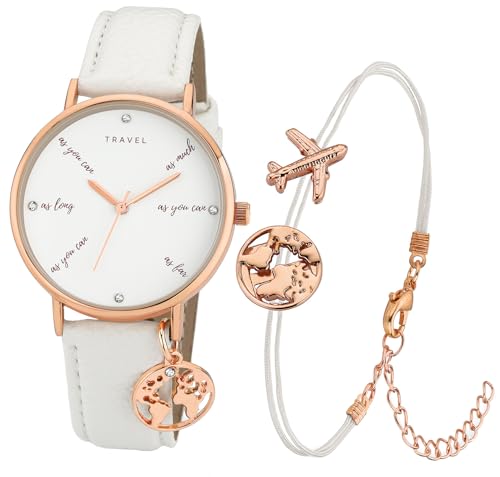 Crystal Blue Damen Armbanduhr Rose Armband Weiss Travel Set mit Schmuckarmband analog Quarz 7277 von Crystal Blue