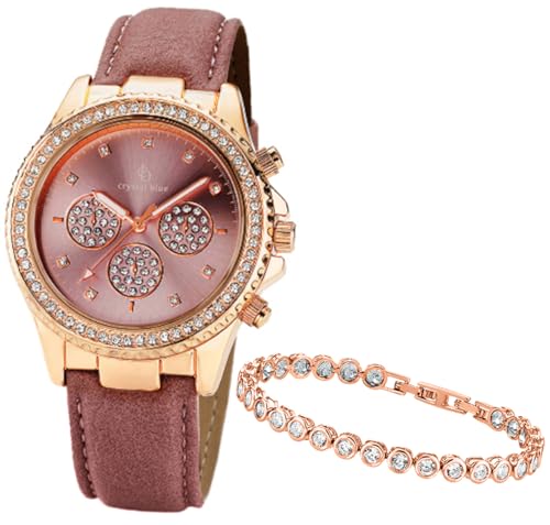 Crystal Blue Damen Armbanduhr Set Damenuhr Chrono-Style Leuchtzeiger Armband braun mit Tennisarmband Rose 2322 von Crystal Blue