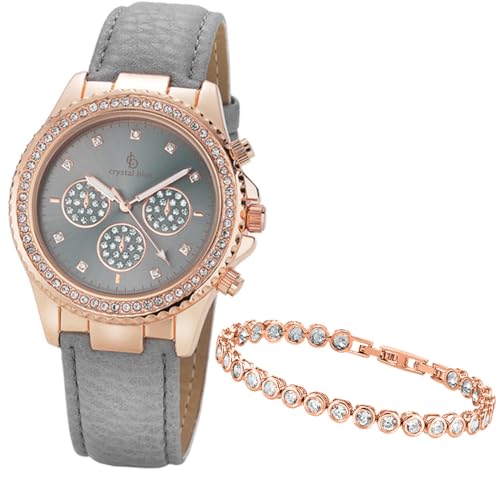 Crystal Blue Damen Armbanduhr Set Damenuhr Chrono-Style Leuchtzeiger Armband grau mit Tennisarmband Rose 2324 von Crystal Blue