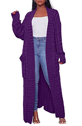 Lange Pullover für Damen, Strickjacke, vorne offen, lange Ärmel, Übergröße, grobes Zopfmuster, Staubwedel mit Taschen, Wintermantel, Violett, Mittel Lange Pullover für Damen, Strickjacke, vorne offen, lange Ärmel, Übergröße, grobes Zopfmuster, Staubwedel mit Taschen, Wintermantel, Violett, Mittel von cu4eve