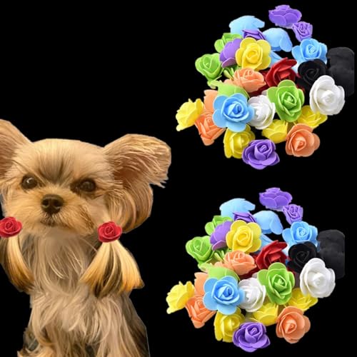 100 Stück (50 Stück Haarspangen + 50 Stück Haargummis) Hundehaar-Accessoires mit Blumen, handgefertigt, 3,4 cm Kamelie mit Gummiband oder Metallclip für Hundehaarpflege, zufällige Farbauswahl von cuhair