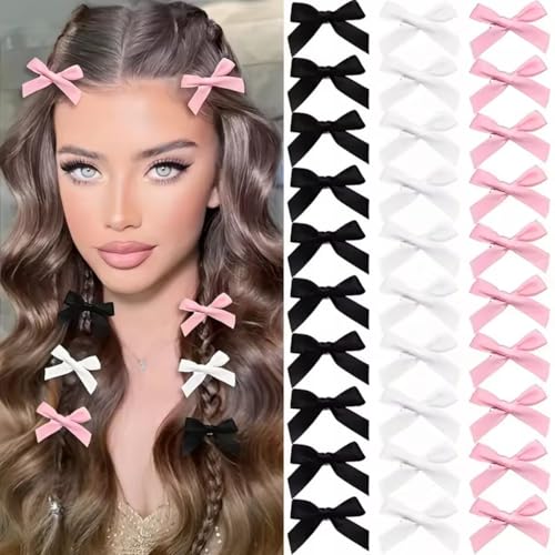 30pcs Mini Haar Bogen Clips Set, schwarz wei? rosa, kleine Satin Band B?gen Barretten für Frauen M?dchen Bangs, Side Clip Frisur von cuhair