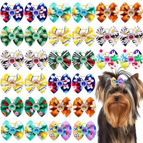 50 Stück Hundehaarschleifen mit Gummiband Welpe mit Strass für Mädchen, weibliche Katze, Kätzchen, Kaninchen, Pudel, Knoten, elastische Haarschleife, Fellpflege, Haustier, Katze, Hund, Haarschmuck, von cuhair