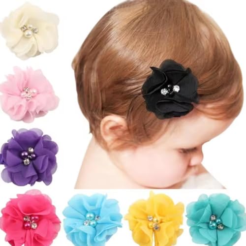 Chiffon Blumen Haarspangen Set für Babys und Kinder, 10 Farben, mit Kristall-Perlen Verzierung von cuhair