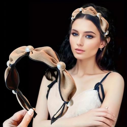 Eleganter Haarreif mit Perlen verzierter Schleife, champagnerfarbener Satin, schwarze Basis, Damen-Haarreif mit Heandband von cuhair