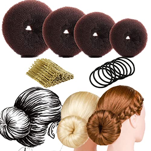 Haar Donut Braun, 4PCS einfacher Brötchenhersteller für Haar, Haar Brötchen Shaper für Mädchen Frau Ballett Haar Bun mit Gold 10PCS U Form Haarstifte, 5pcs elastisches Haar Band von cuhair