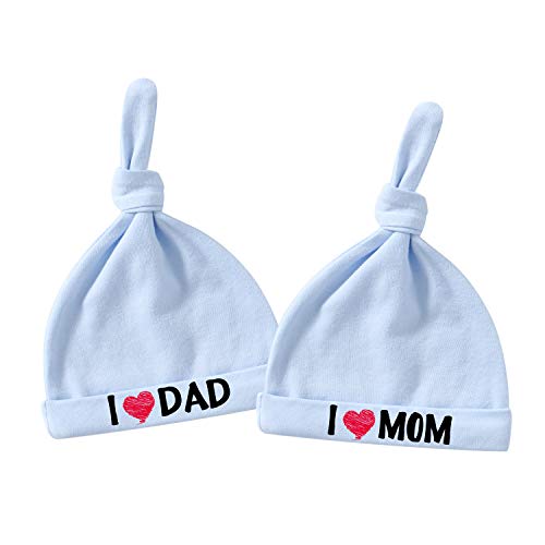 culbutomind Baby Twins Babymütze für Neugeborene, Junge und Mädchen, Aufschrift "I Love Mom Dad", personalisierbar Gr. Medium, Blau, Love Mom, zwei Hut von culbutomind