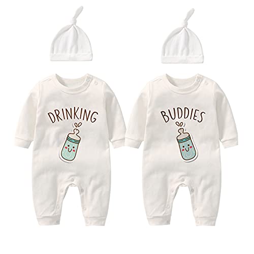 culbutomind Baby Twins Bodysuits Twin Drink Buddies Funny Baby Outfit Cute Baby Mädchen Strampler mit Hut Set, Weiß DB, 68 von culbutomind