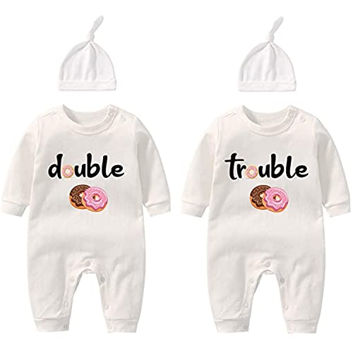 culbutomind Baby Zwillinge Baby Bodys Doppel Ärger süßes Outfit mit Hut Baby Pyjamas Zwillinge Geschenk（Donut 12m） von culbutomind