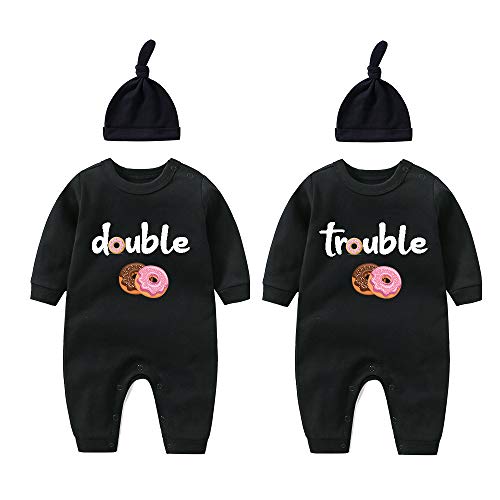 culbutomind Baby Zwillinge Baby Bodys Doppel Ärger süßes Outfit mit Hut Baby Pyjamas Zwillinge Geschenk（Donut W12m） von culbutomind