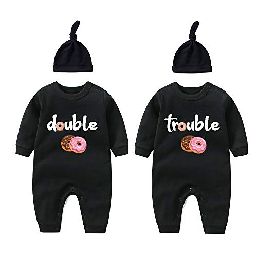 culbutomind Baby Zwillinge Baby Bodys Doppel Ärger süßes Outfit mit Hut Baby Pyjamas Zwillinge Geschenk（Donut W9m） von culbutomind