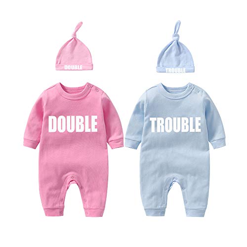 culbutomind baby Zwillinge Baby Bodys Doppel Ärger süßes Outfit mit Hut Baby Pyjamas Zwillinge Geschenk(Pulverblau 12M) von culbutomind