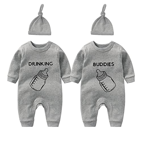 culbutomind Baby Zwillinge Body Trinkfreunde Neugeborene Baby Strampler Junge Mädchen Lustig Babykleidung Mit Babymütze Baby Zwillinges Geschenk(grey 3m) von culbutomind