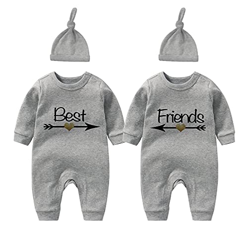 culbutomind Baby Zwillinge Strampler Body Junge Mädchen Besten Freunde Baby Strampler Jungen Mädchen Fun 2er Set Und Hut(Grau Besten Freunde 6m) von culbutomind