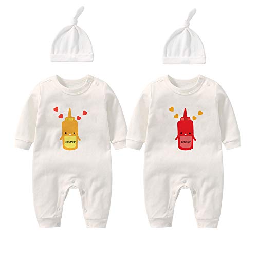 culbutomind Baby Zwillinge Strampler Body Junge Mädchen Tomaten Senf Baby Strampler Jungen Mädchen 2er Set Und Hut(Tomato Mustard 9m) von culbutomind