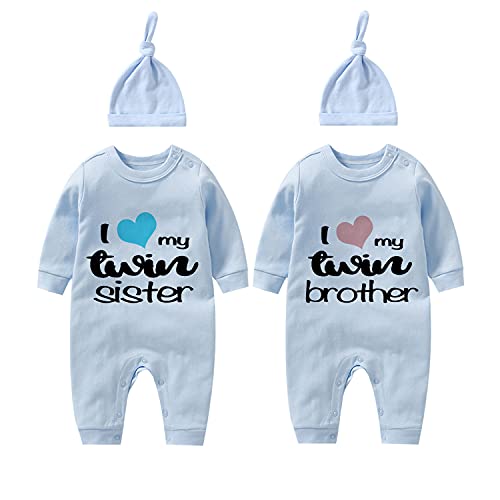 culbutomind Baby Zwillinge Strampler Body Junge Mädchen Zwillingsschwester Baby Strampler Jungen Mädchen 2er Set Und Hut(Blau Zwillingsschwester 9m) von culbutomind