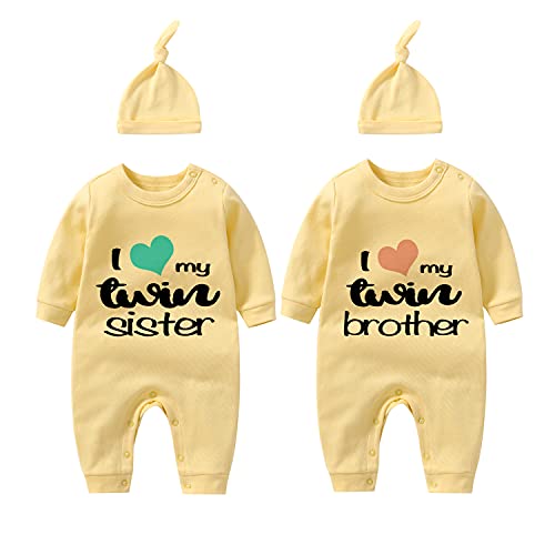 culbutomind Baby Zwillinge Strampler Body Junge Mädchen Zwillingsschwester Baby Strampler Jungen Mädchen 2er Set Und Hut(Gelb Zwillingsschwester 6m) von culbutomind