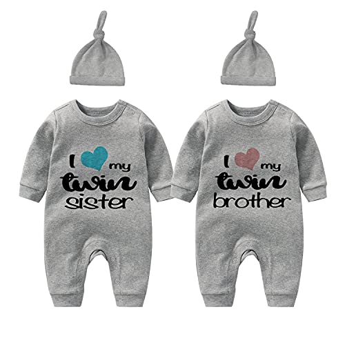 culbutomind Baby Zwillinge Strampler Body Junge Mädchen Zwillingsschwester Baby Strampler Jungen Mädchen 2er Set Und Hut(Grau Zwillingsschwester 12m) von culbutomind