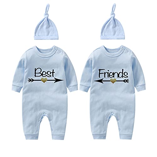 culbutomind Baby Zwillinges Stramplers Best Friends Fun Neugeborenen Bodys Jungen Mädchen Geschenk Langarm Zwillinge Kleidung Mit Hut(Blau 3m) von culbutomind