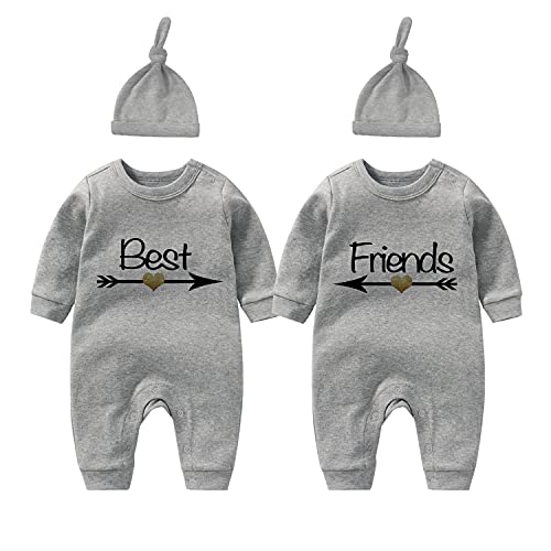 culbutomind Baby Zwillinges Stramplers Best Friends Fun Neugeborenen Bodys Jungen Mädchen Geschenk Langarm Zwillinge Kleidung Mit Hut(Grau 12m) von culbutomind