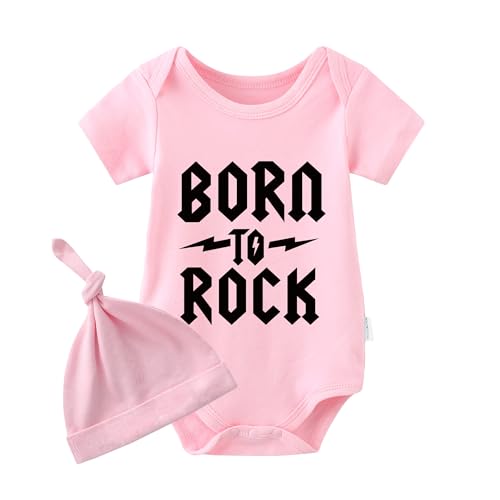 culbutomind Baby Zwillinges Stramplers Born To Rock Fun Neugeborenen Bodys Jungen Mädchen Geschenk Kurzarm Zwillinge Kleidung Mit Hut(rosa rock 9m) von culbutomind