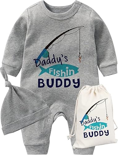 culbutomind Baby Zwillinges Stramplers Daddy Fishing Buddy Fun Neugeborenen Bodys Jungen Mädchen Geschenk Kurzarm Zwillinge Kleidung Mit Hut(Grau Fish 6m) von culbutomind