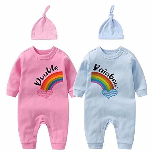 culbutomind Baby Zwillinges Stramplers Doppelter Regenbogen Fun Neugeborenen Bodys Jungen Mädchen Geschenk Langarm Zwillinge Kleidung Mit Hut(bp rainbow 3m) von culbutomind
