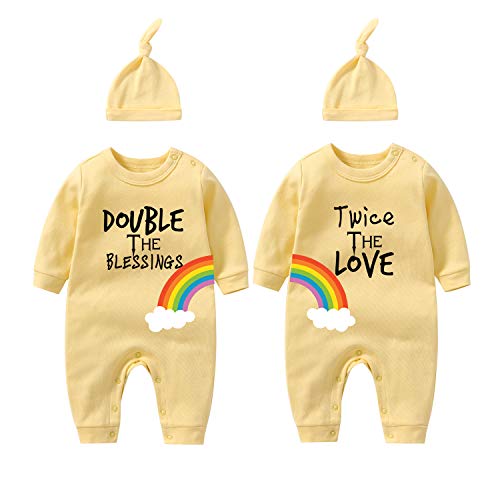 culbutomind Baby Zwillinges Stramplers Double Twice Baby Body Fun Langarm Geschenk Für Geburt Baby Jungen Mädchen Zwillinge Babybekleidung Mit Hut(gelb 9m) von culbutomind