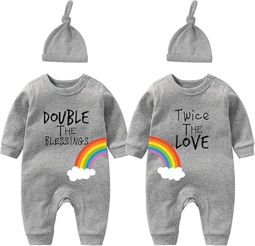 culbutomind Baby Zwillinges Stramplers Double Twice Baby Body Fun Langarm Geschenk Für Geburt Baby Jungen Mädchen Zwillinge Babybekleidung Mit Hut(grau 6m) von culbutomind