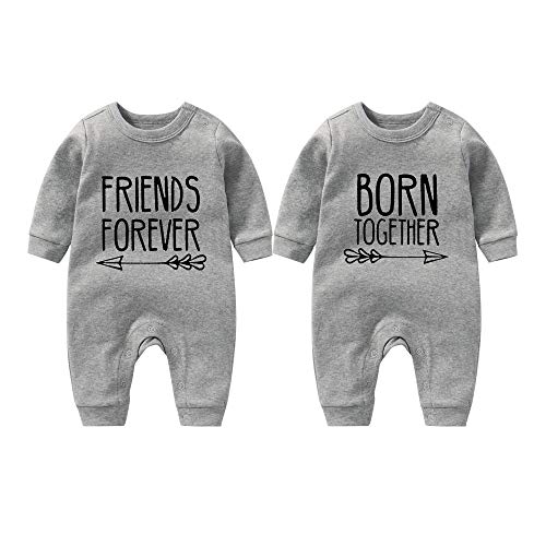 culbutomind Baby-Zwillings-Body mit Aufschrift "Born Together Friends Forever", Unisex, niedliches Outfit mit Mütze, Grau BF, 50 von culbutomind