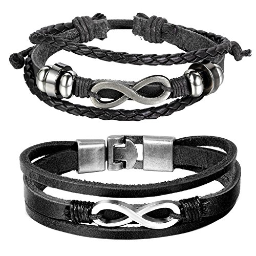 Cupimatch 2PCS Herren Retro Armband set, Infinity Unendlichkeit Ewigkeit Lieben Zeichen geflochten Punk Rock Manschette Kordelkette Armreifen, Leder Legierung, schwarz von Cupimatch