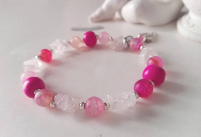 Achat Rosenquarz Armband Pink Rosa Splitter Armband, Holz Perlen 090 Achat Rosenquarz Armband Pink Rosa Splitter Armband, Holz Perlen 090 von cupnessoArt