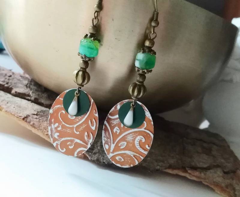 Barock Glasperlen Ohrringe Nostalgie Bronze, Handgeprägte Patina Vintage Recycling Nespresso Kaffeekapsel Schmuck 459 Barock Glasperlen Ohrringe Nostalgie Bronze, Handgeprägte Patina Vintage Recycling Nespresso Kaffeekapsel Schmuck 459 von cupnessoArt