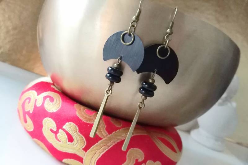 Boho Halbmond Ohrringe Schwarz Mit Bronze Stab, Pendel Festival, Upcycling Aus Kaffeekapsel Nespresso Schmuck 258 von cupnessoArt