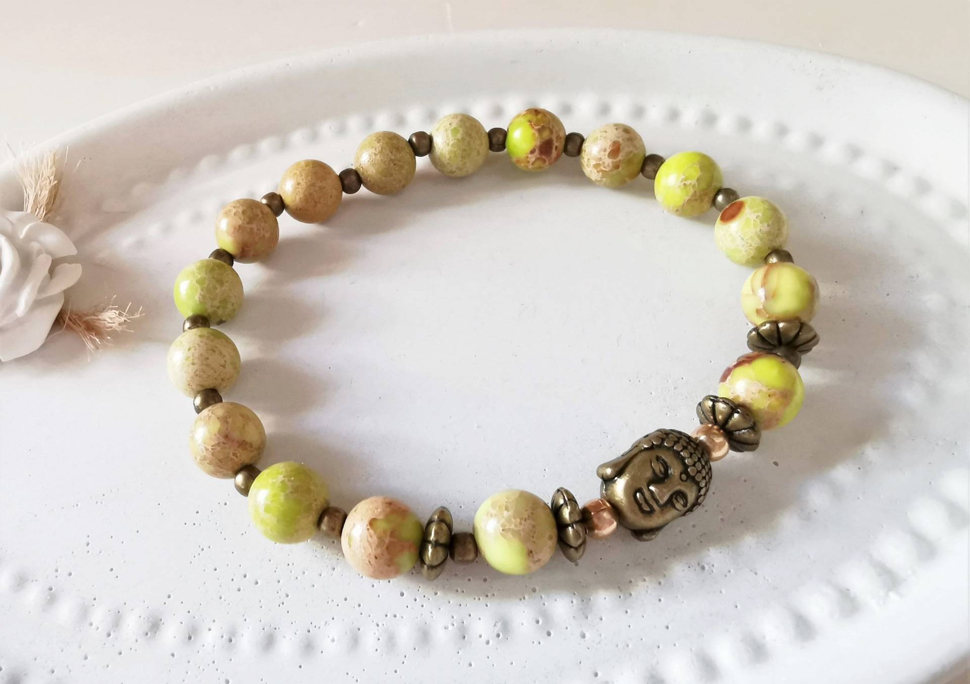 Bronze Buddha Armband Yoga Gelbgrün, Senfgelb Jaspis Perlen Limette Edelsteinarmband Dehnbar 082 Bronze Buddha Armband Yoga Gelbgrün, Senfgelb Jaspis Perlen Limette Edelsteinarmband Dehnbar 082 von cupnessoArt