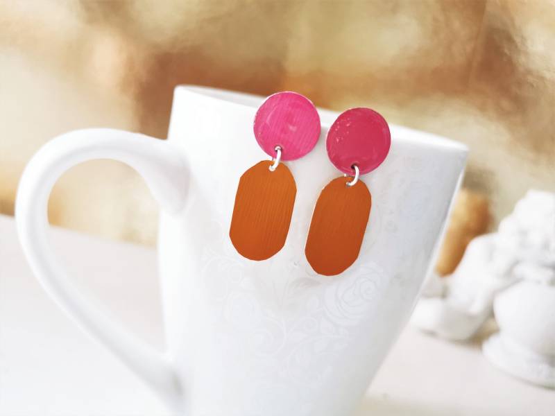 Edelstahl Ohrstecker Pink Orange Recycling Kreis, Emaille Orange, Schmuck Ohrringe Polymerclay 244 Edelstahl Ohrstecker Pink Orange Recycling Kreis, Emaille Orange, Schmuck Ohrringe Polymerclay 244 von cupnessoArt