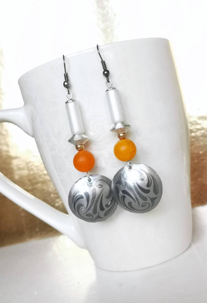 Grau Orange Recycling Kreis Ohrringe Aus Kaffeekapsel Nespresso, Achat Ohrringe, Weiß Upcycling Schmuck 296 Grau Orange Recycling Kreis Ohrringe Aus Kaffeekapsel Nespresso, Achat Ohrringe, Weiß Upcycling Schmuck 296 von cupnessoArt