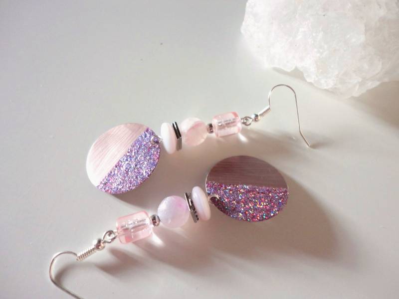 Rosa Glitzer Ohrringe Aus Recycling Plättchen Kreis, Mit Scheiben Kaffeekapsel Nespresso 321 Rosa Glitzer Ohrringe Aus Recycling Plättchen Kreis, Mit Scheiben Kaffeekapsel Nespresso 321 von cupnessoArt