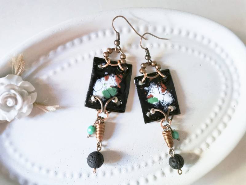 Recycling Kupfer Ohrringe Rechteck Schwarz, Aus Recyceltem Emaille Schwarz Weiss, Upcycling Schmuck, Spiral 180 Recycling Kupfer Ohrringe Rechteck Schwarz, Aus Recyceltem Emaille Schwarz Weiss, Upcycling Schmuck, Spiral 180 von cupnessoArt