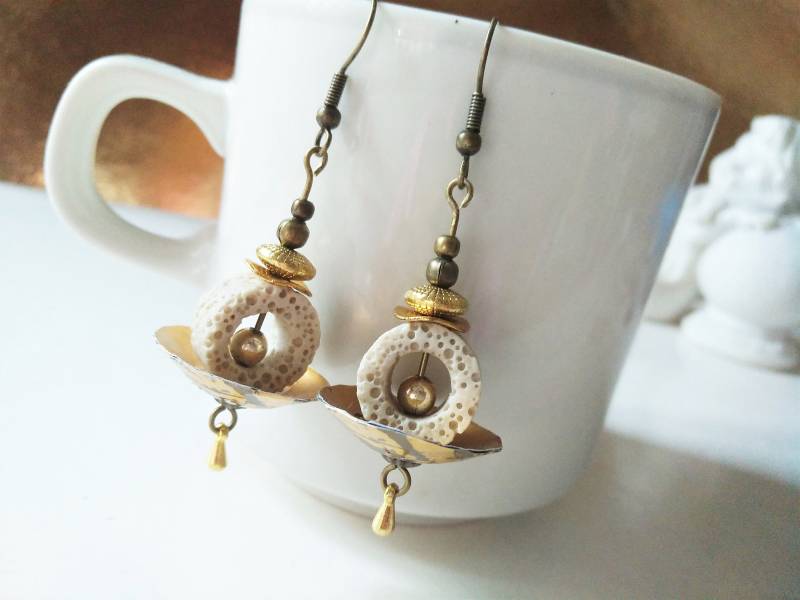 Schalen Donut Ohrringe Creme Gold, Beige Lava Kreis Edel, Recycling Tropfen Aus Kaffeekapsel Nespresso Schmuck 246 von cupnessoArt