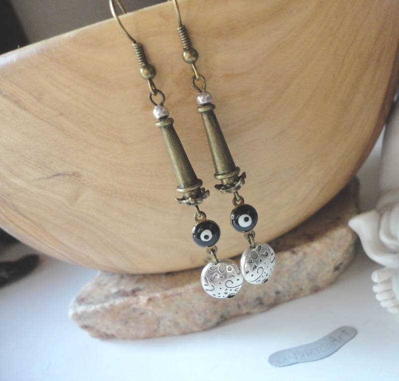 Schwarze Augen Ohrringe Orient Evil Eye Böser Blick Ohrringe, Ethno Silber Münz Lange Bronze Turm Vintage 254 von cupnessoArt