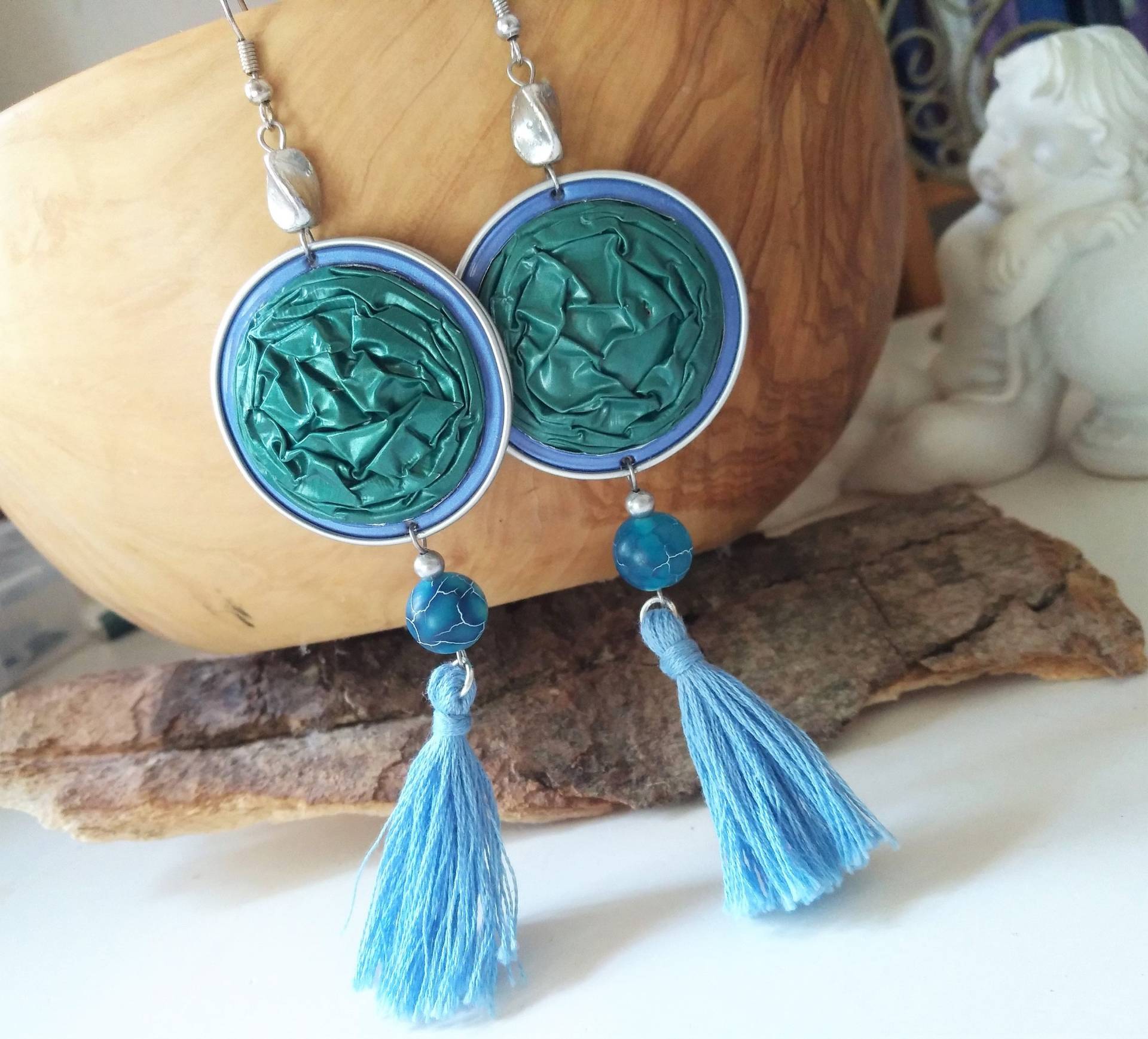 statement Ohrringe Scheiben Aus Nespresso Kaffeekapsel Upcycling Festival Boho Quasten Grün Blau Mit Achat 020 statement Ohrringe Scheiben Aus Nespresso Kaffeekapsel Upcycling Festival Boho Quasten Grün Blau Mit Achat 020 von cupnessoArt