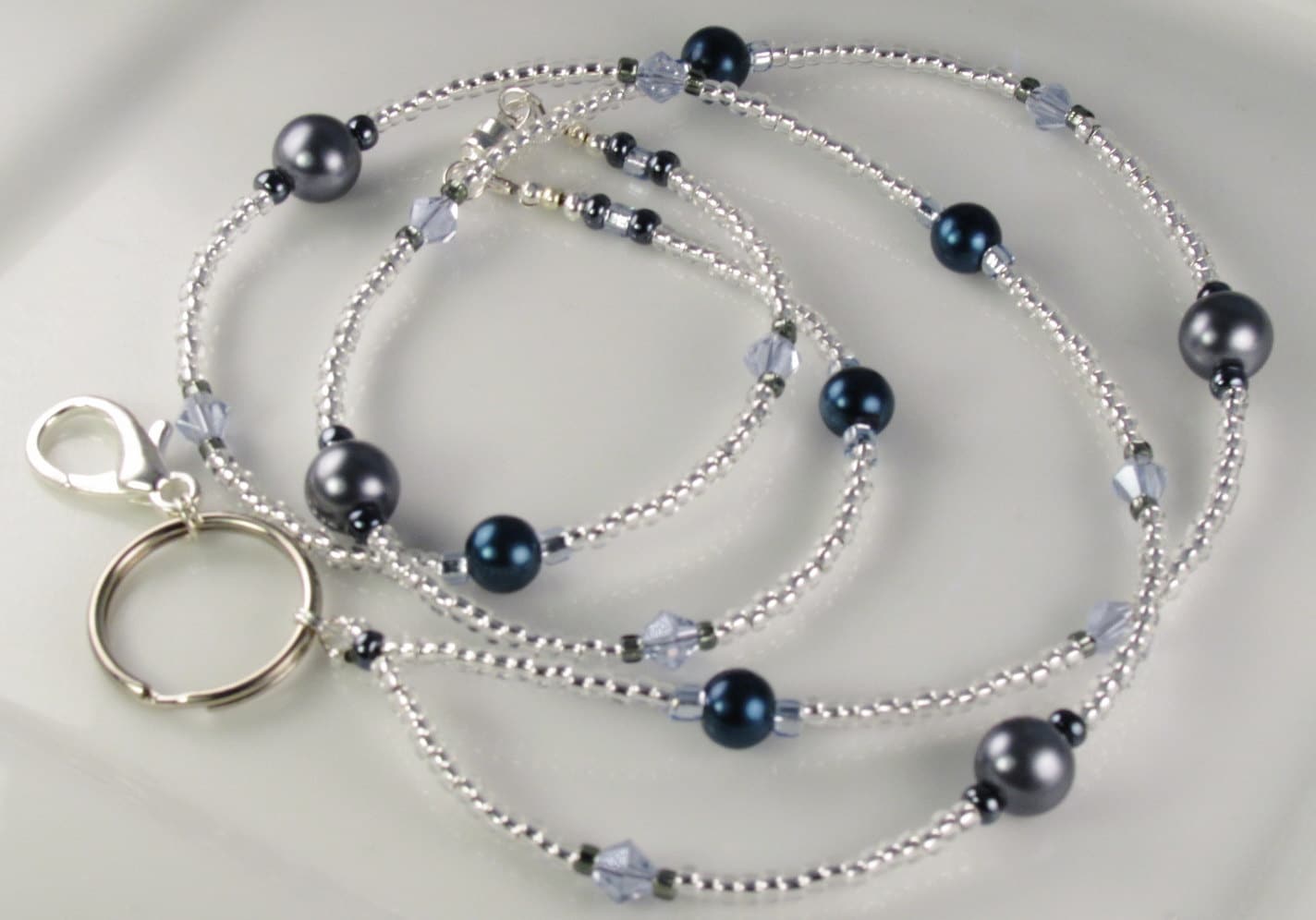 Blaue Perle Perlen Lanyard Simplicity Blau Grau Glasperlen Id Ausweishalter von curlynetto